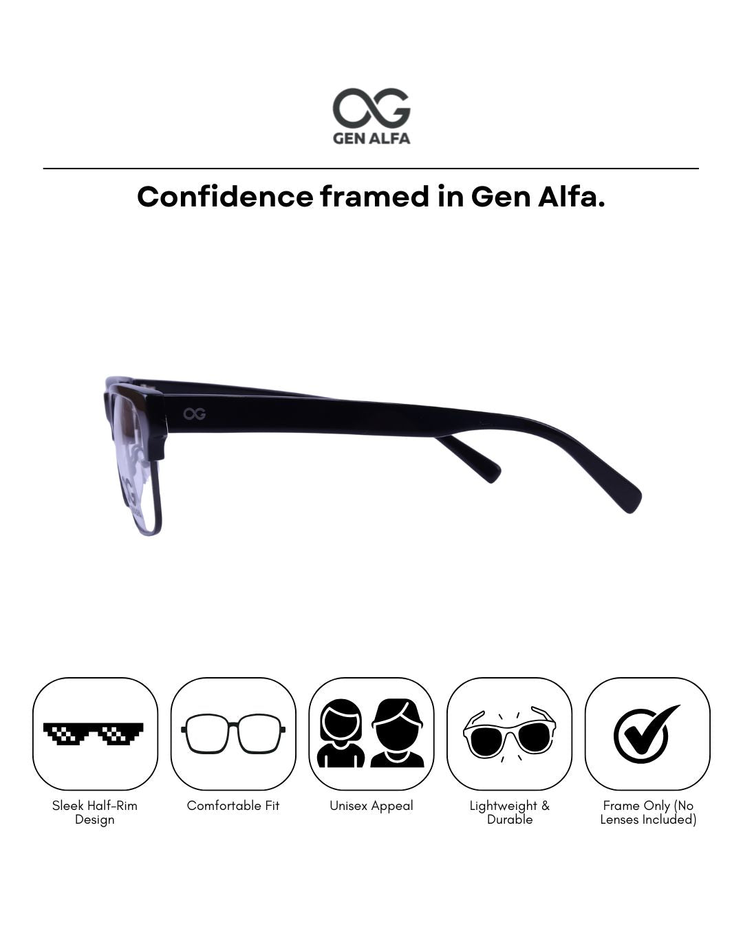 GEN ALFA VisionEdge Unisex Half-Rim Eyeglass Frame – Lightweight Black Metal Spectacles for Men & Women