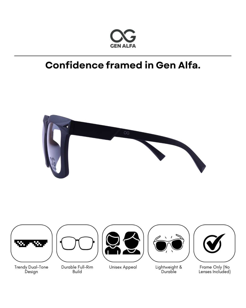 GEN ALFA BoldVision Matte Black Unisex Full-Rim Eyeglass Frame | Classic Square Design