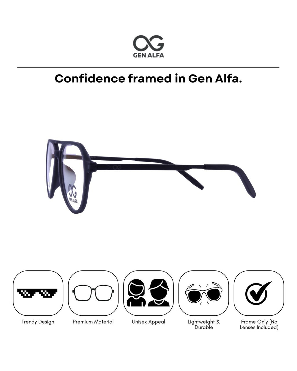 GEN ALFA Aero Black Unisex Eyeglass Frame – Lightweight Aviator Style