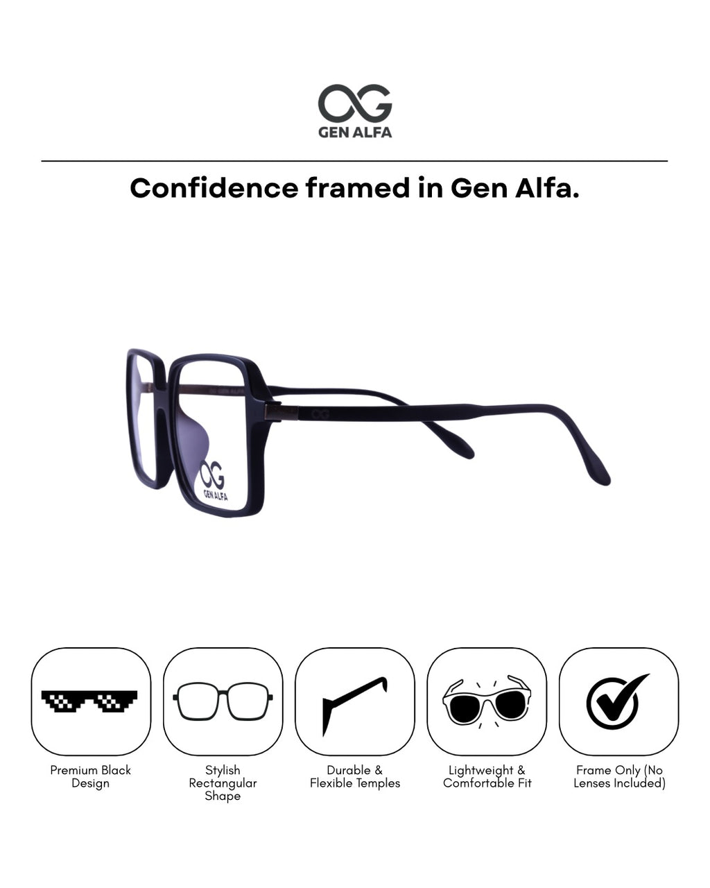 GEN ALFA BoldSquare Black Spectacles Frame for Men & Women – Lightweight Rectangular Design