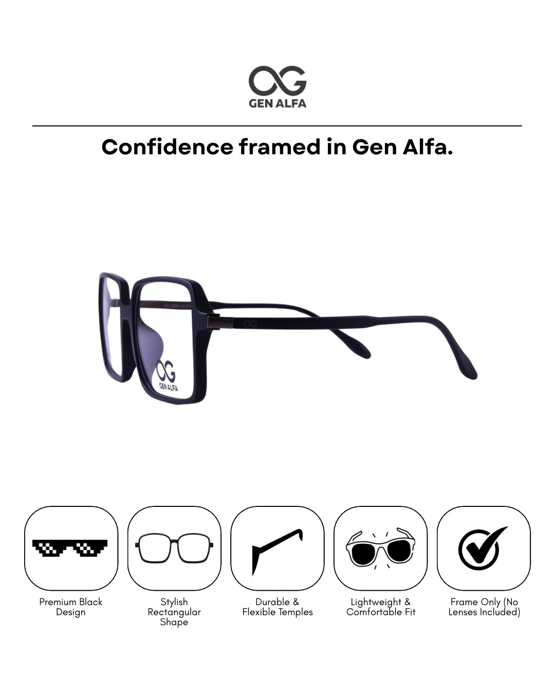 GEN ALFA BoldSquare Black Spectacles Frame for Men & Women – Lightweight Rectangular Design