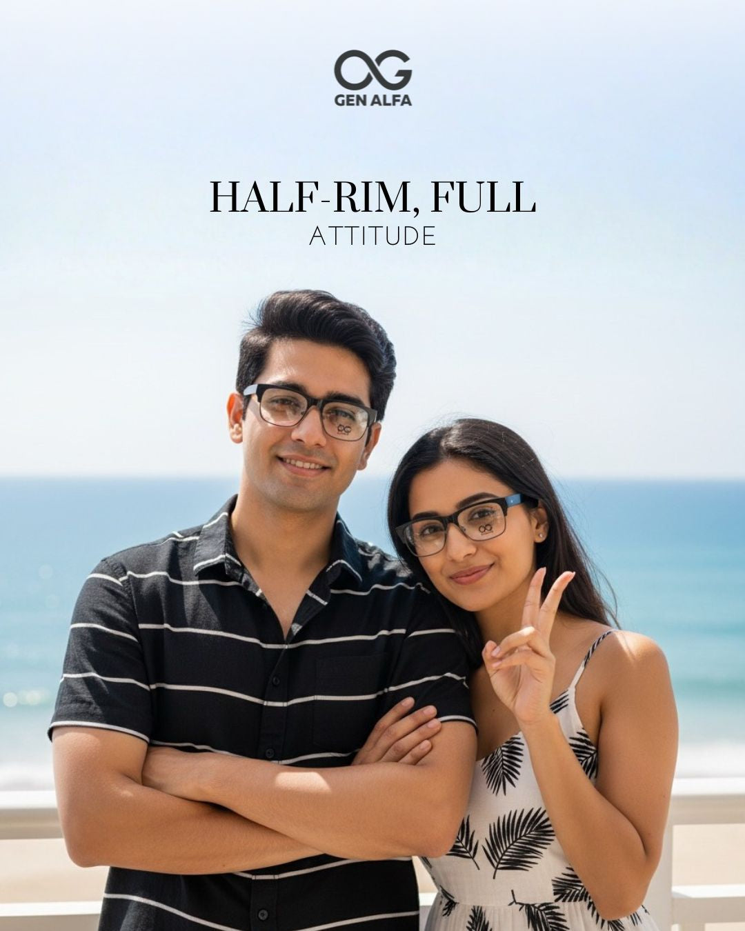 GEN ALFA VisionEdge Unisex Half-Rim Eyeglass Frame – Lightweight Black Metal Spectacles for Men & Women