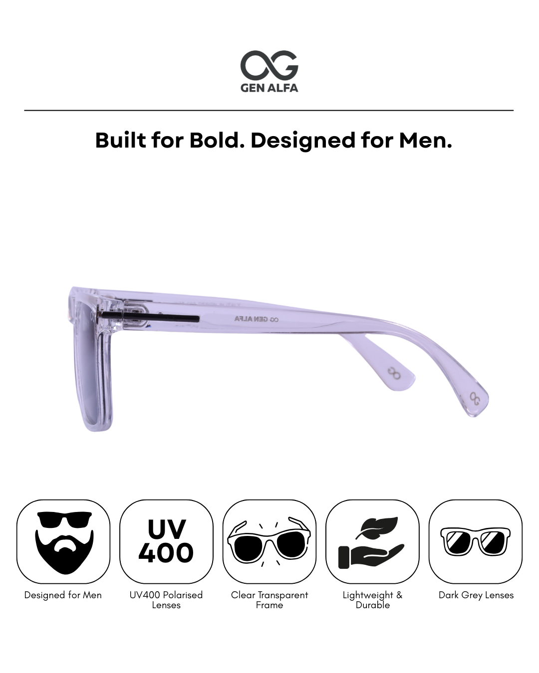 GEN ALFA IceDrift Men’s Sunglasses – Transparent Frame with Polarized UV400 Lenses