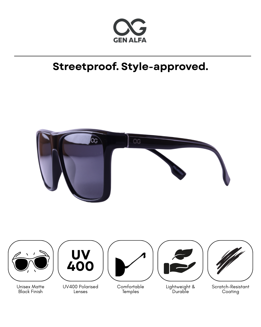 GEN ALFA Eclipse Black Polarized Unisex Sunglasses | UV400 Polarized