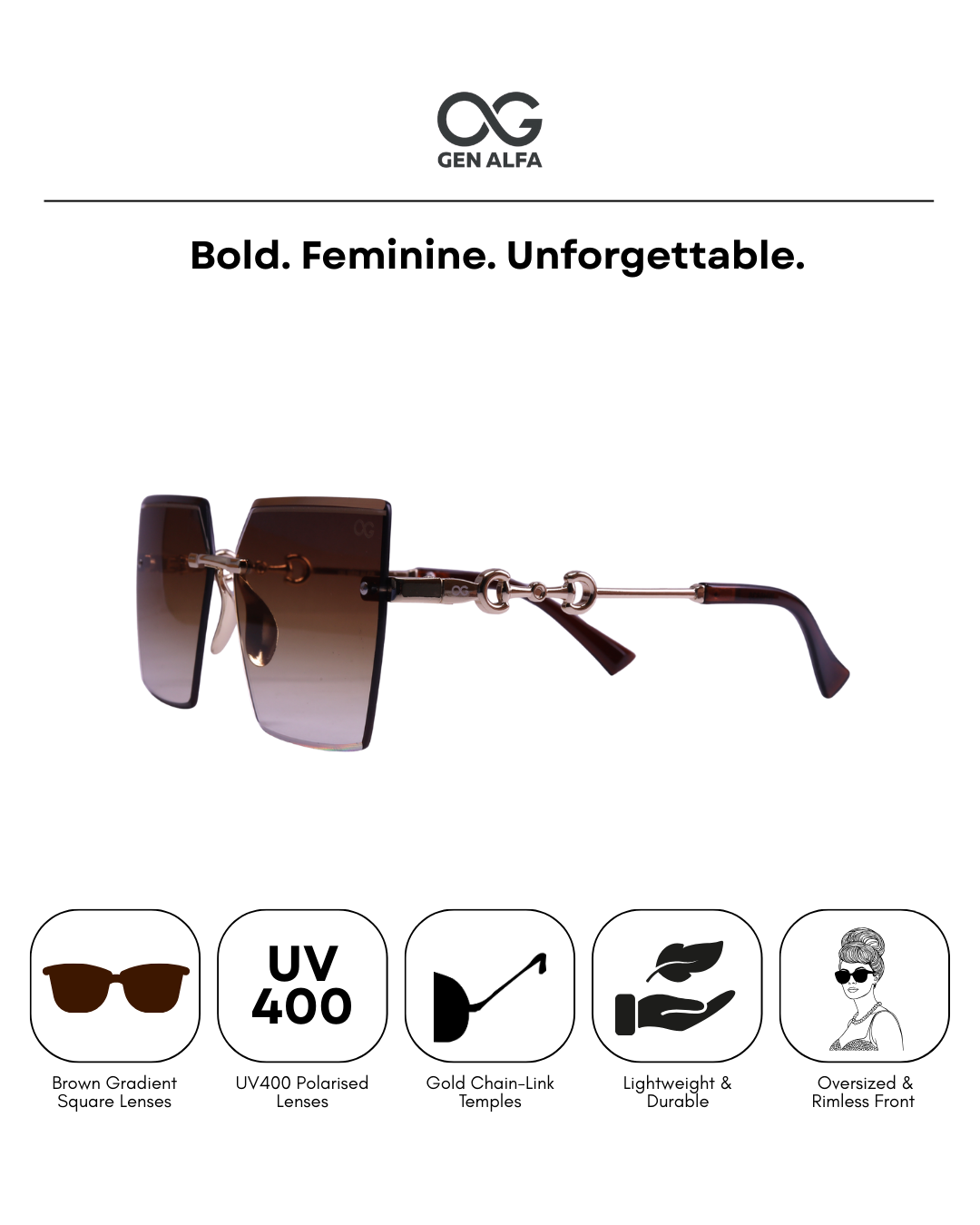 GEN ALFA Chain Luxe Women’s Sunglasses – Oversized Gradient Lenses with Gold Chain-Link Temples