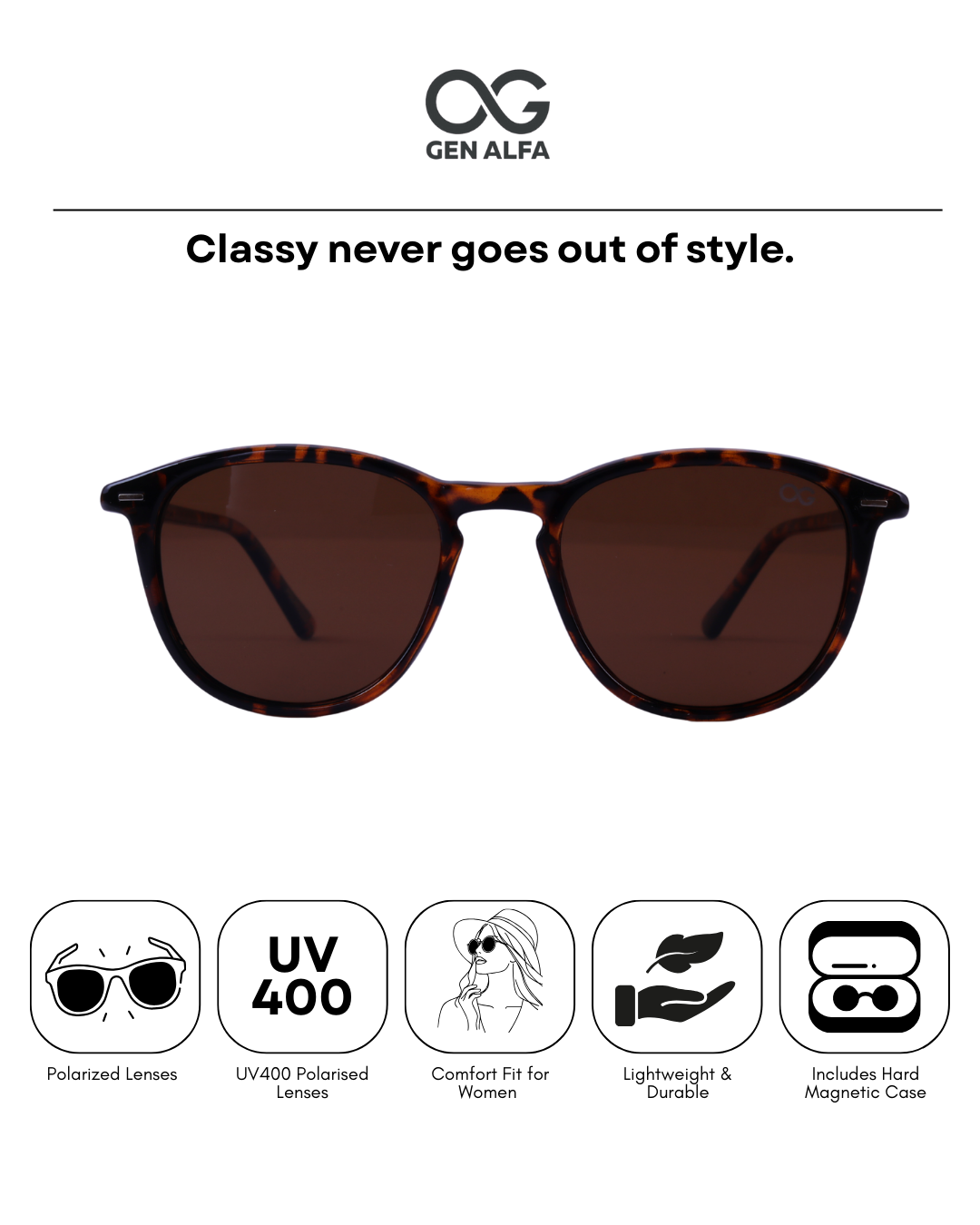 GEN ALFA Classic Women’s Tortoise Shell Sunglasses | UV400 Polarised