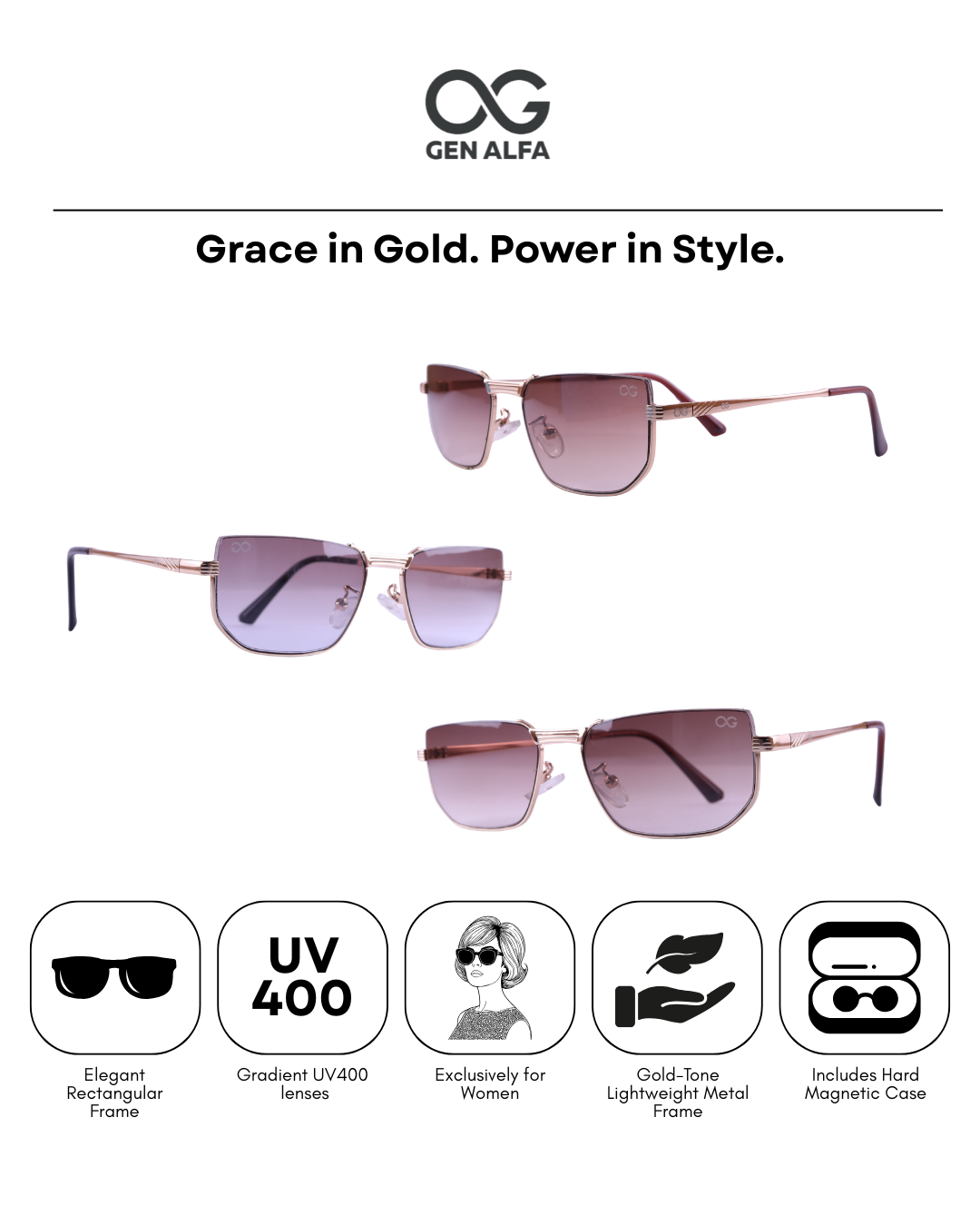 GEN ALFA Grace Luxe Women’s Sunglasses – Gold Frame with Brown Gradient UV400 Lenses