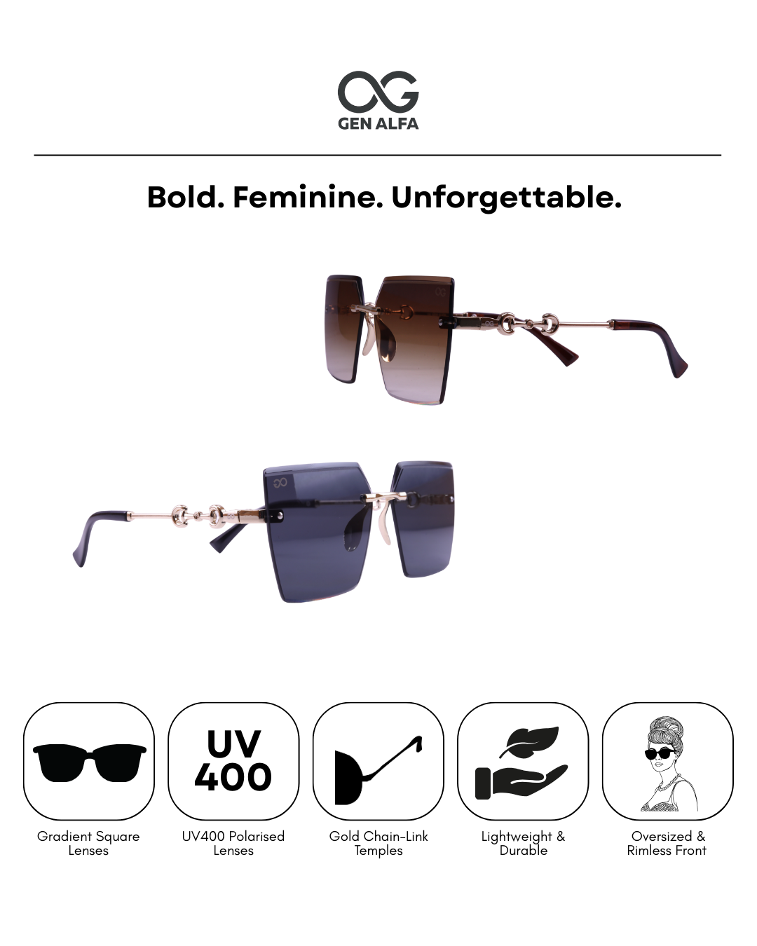 GEN ALFA Chain Luxe Women’s Sunglasses – Oversized Gradient Lenses with Gold Chain-Link Temples