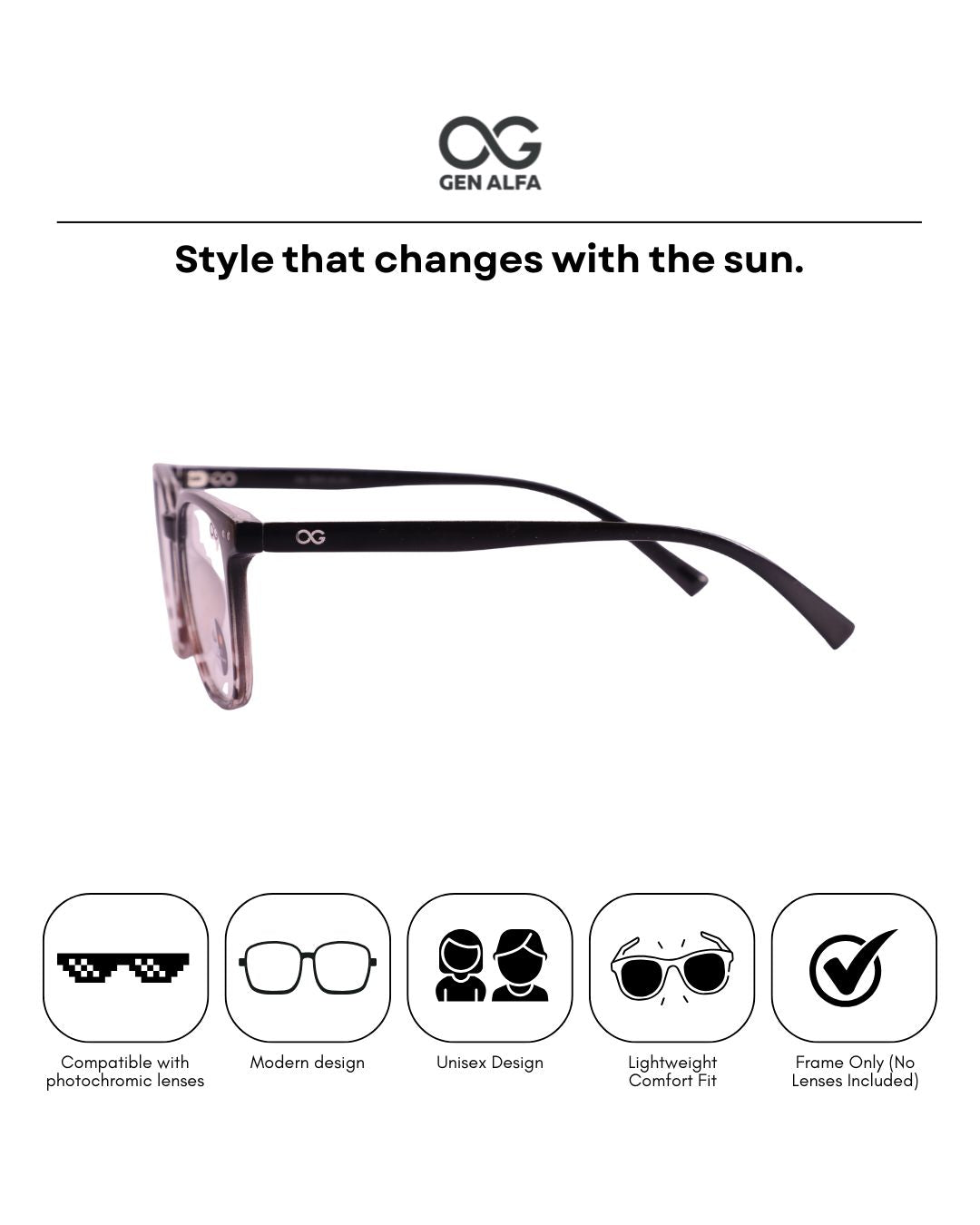 GEN ALFA AuraShift – Photochromic Unisex Optical Frame | Colour-Changing Eyeglasses | Black & Brown (Print)